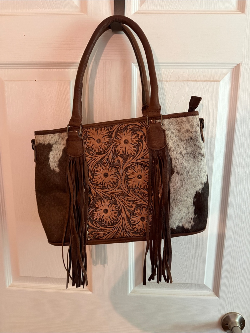 Western Floral Tooled Cowhide Tote Bag in Brown and White